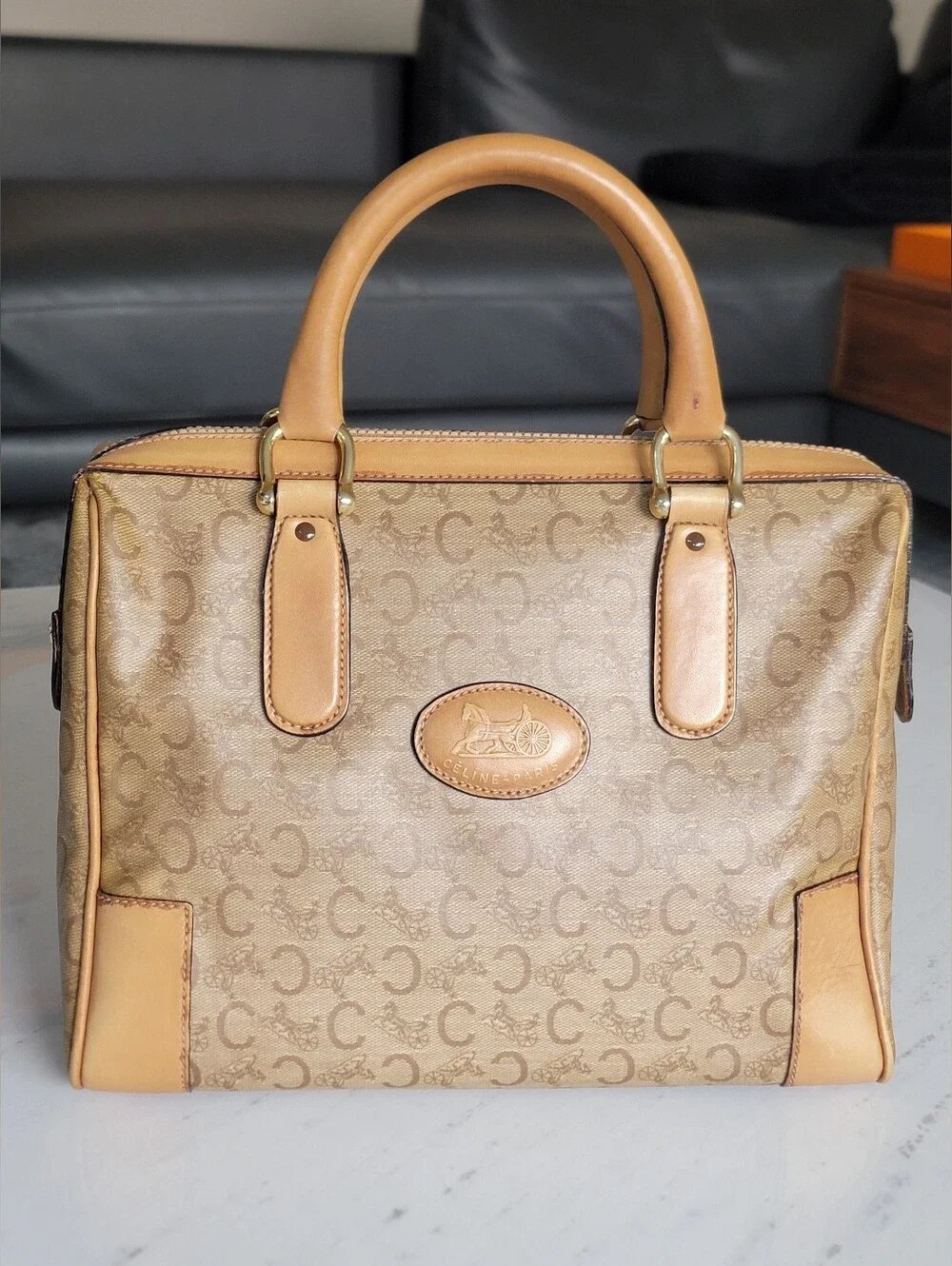 CELINE C Sulky Boston Bag Brown Tan Vintage Coated Canvas Leather